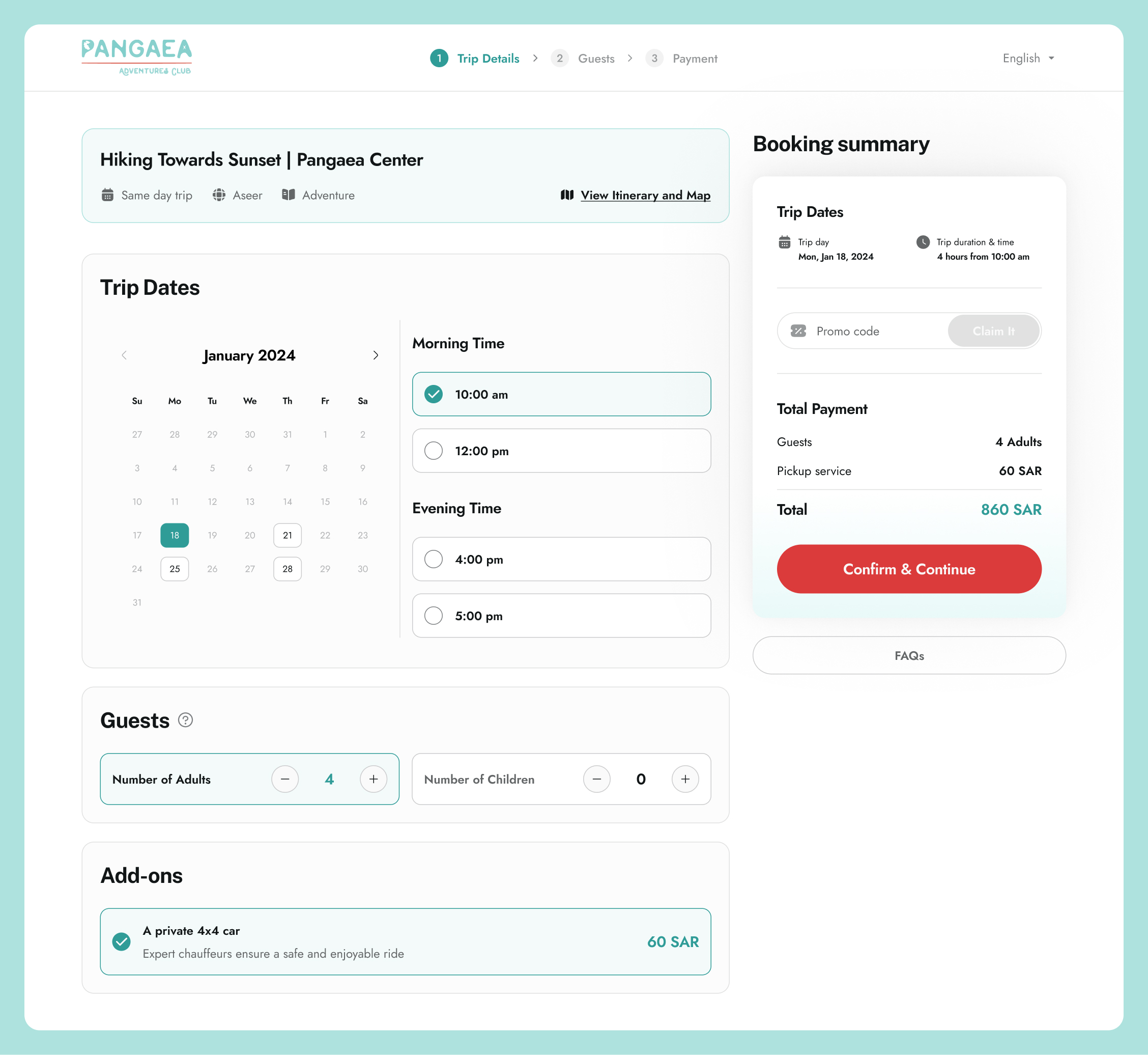 Pangaea Same-Day Trip Booking Flow (Desktop) - SHot