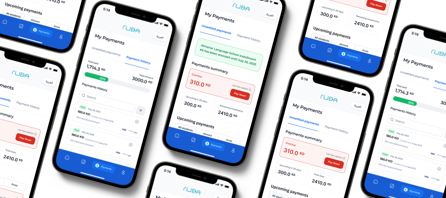 Ruba Case Study Cover Image, it shows different screens shots from the payment flow, application flow, etc.